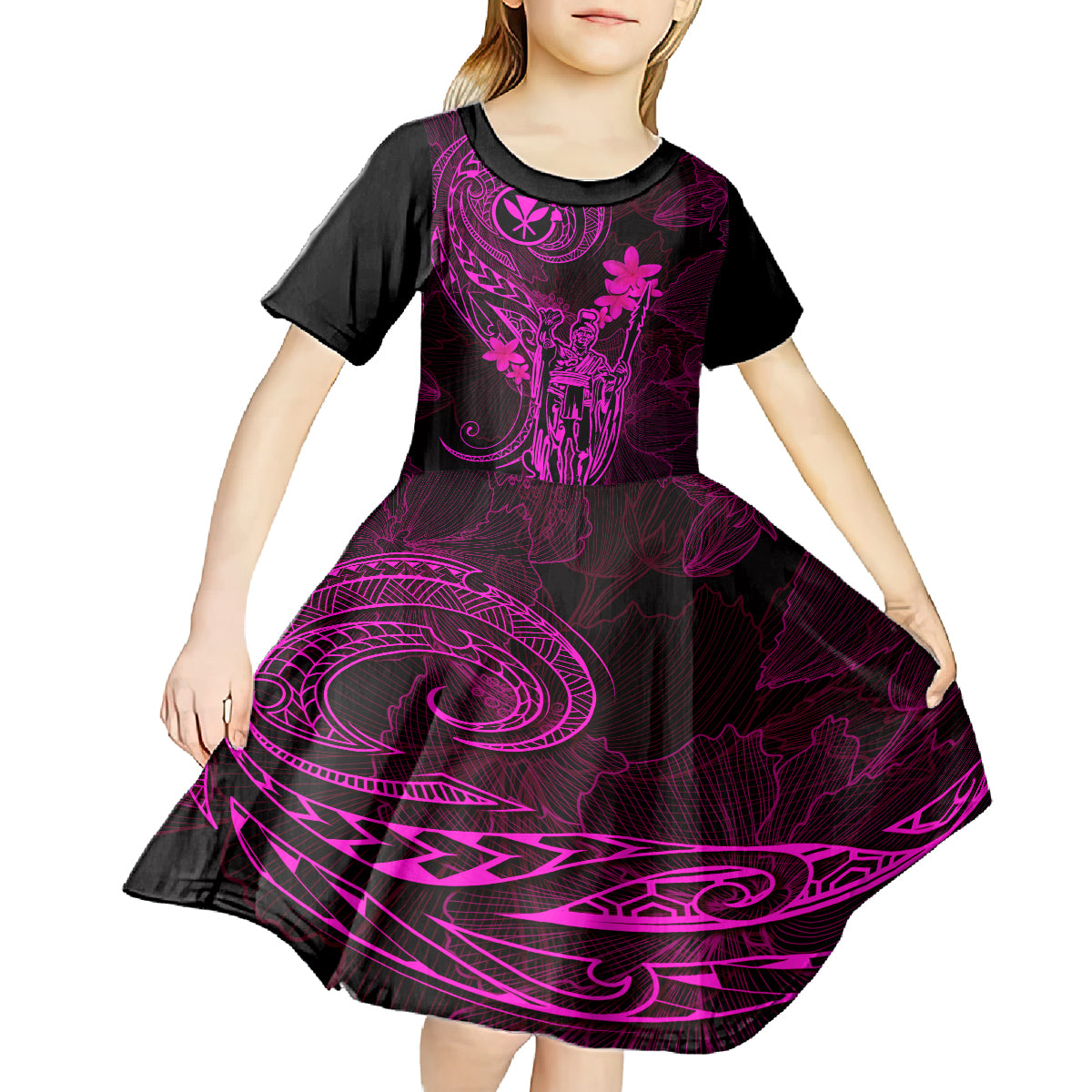 Hawaii Kid Short Sleeve Dress King Kamehameha Mix Polynesian Plumeria Pink Version - Wonder Print Shop
