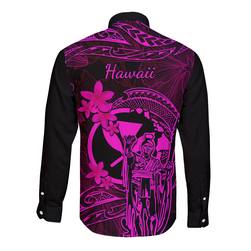 Hawaii Long Sleeve Button Shirt King Kamehameha Mix Polynesian Plumeria Pink Version - Wonder Print Shop