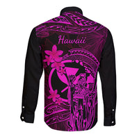 Hawaii Long Sleeve Button Shirt King Kamehameha Mix Polynesian Plumeria Pink Version - Wonder Print Shop