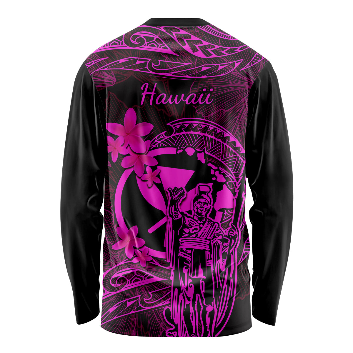 Hawaii Long Sleeve Shirt King Kamehameha Mix Polynesian Plumeria Pink Version - Wonder Print Shop