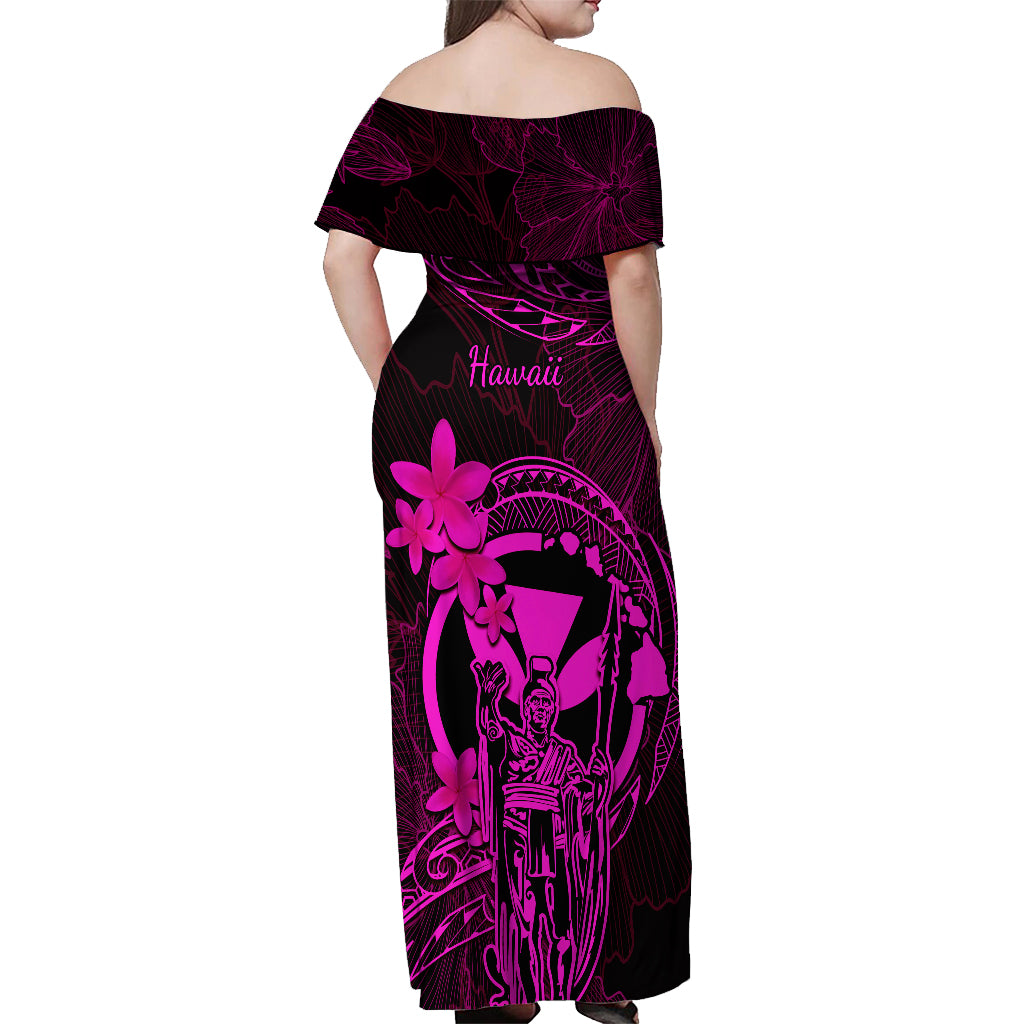 Hawaii Off Shoulder Maxi Dress King Kamehameha Mix Polynesian Plumeria Pink Version - Wonder Print Shop