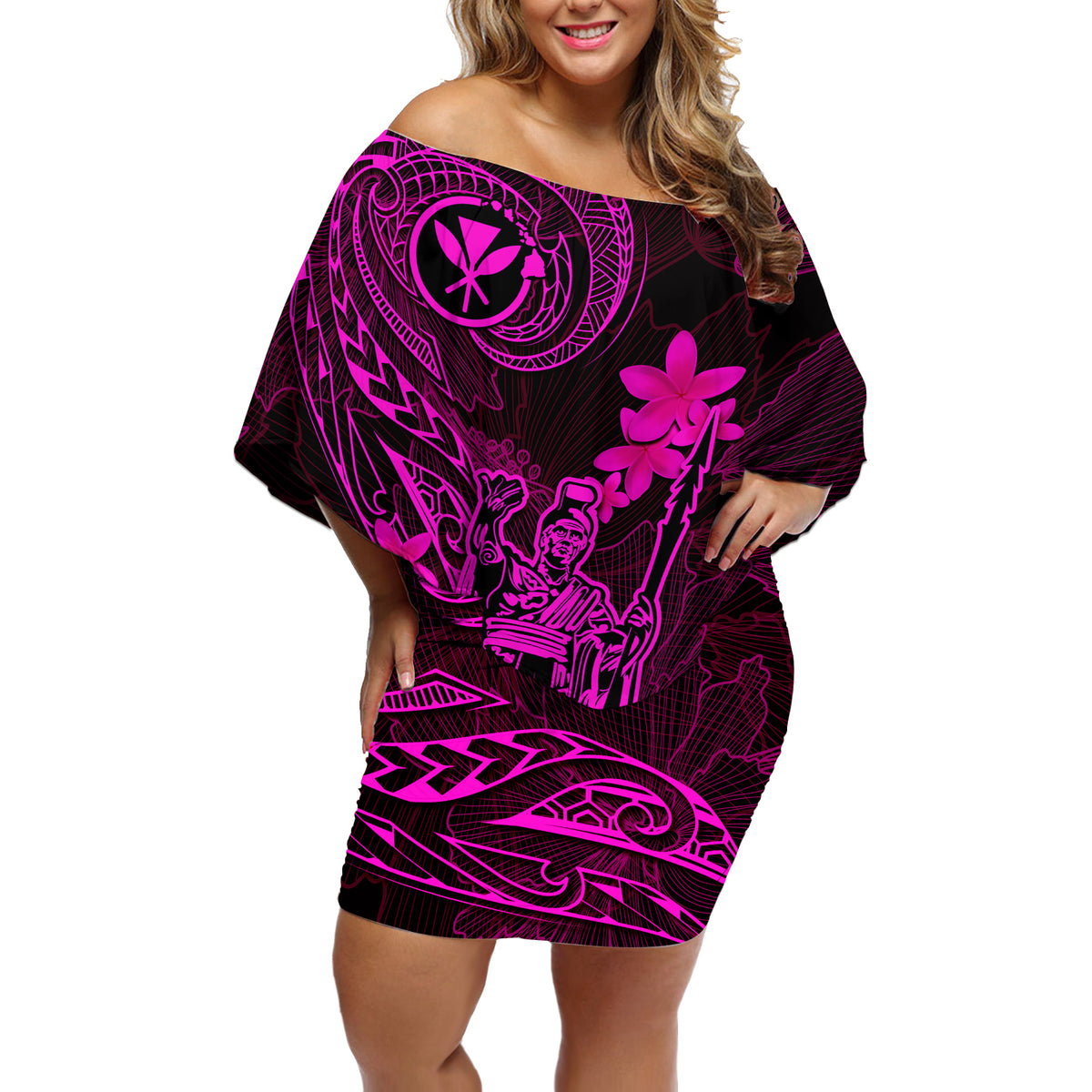 Hawaii Off Shoulder Short Dress King Kamehameha Mix Polynesian Plumeria Pink Version - Wonder Print Shop