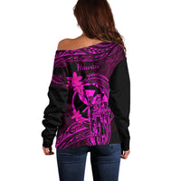 Hawaii Off Shoulder Sweater King Kamehameha Mix Polynesian Plumeria Pink Version - Wonder Print Shop