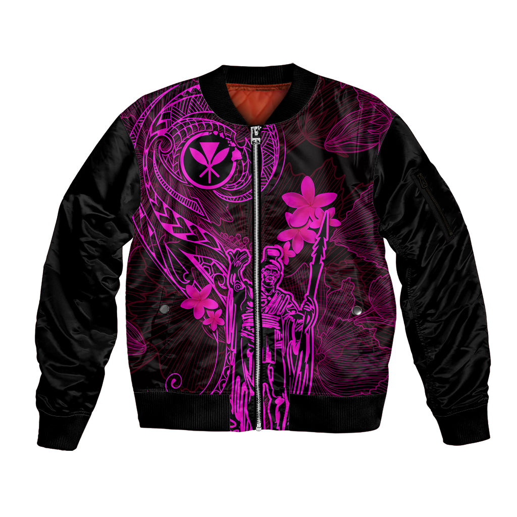 Hawaii Sleeve Zip Bomber Jacket King Kamehameha Mix Polynesian Plumeria Pink Version - Wonder Print Shop