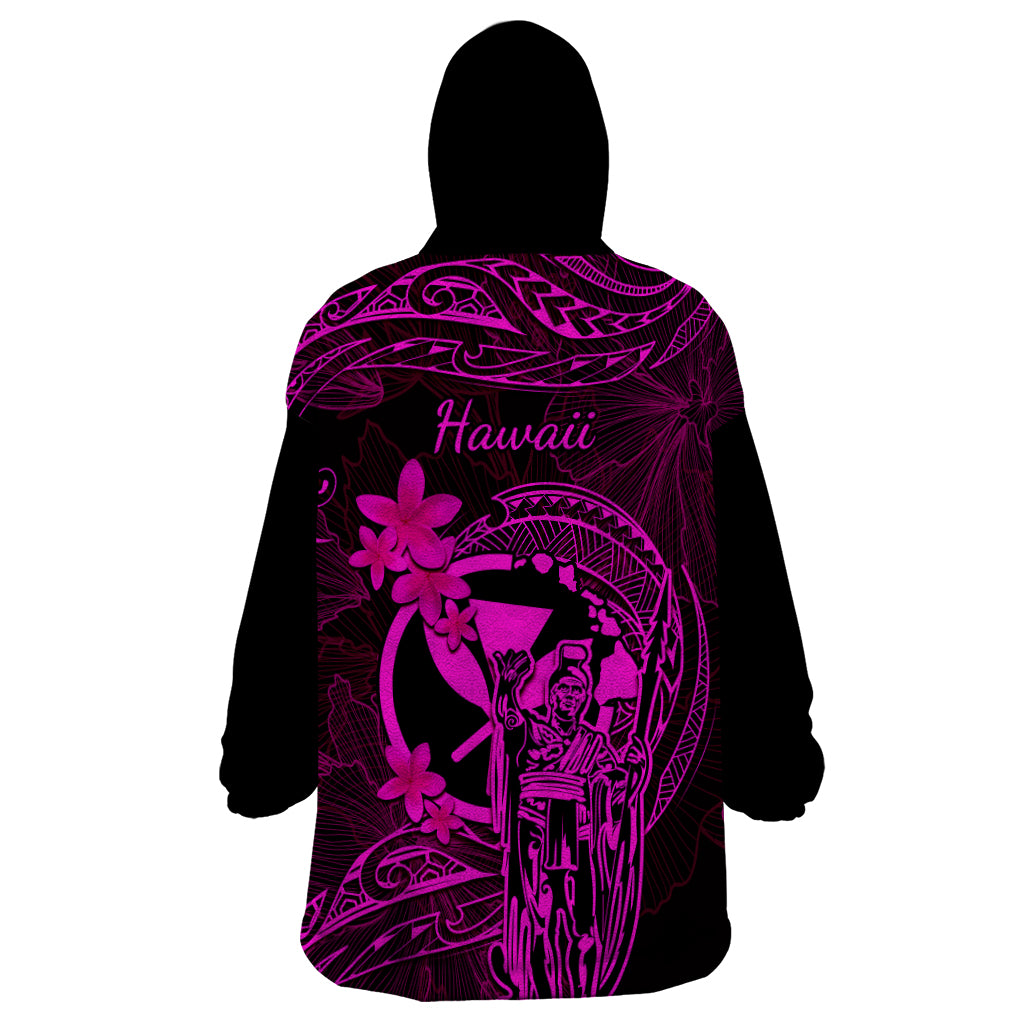 Hawaii Wearable Blanket Hoodie King Kamehameha Mix Polynesian Plumeria Pink Version - Wonder Print Shop
