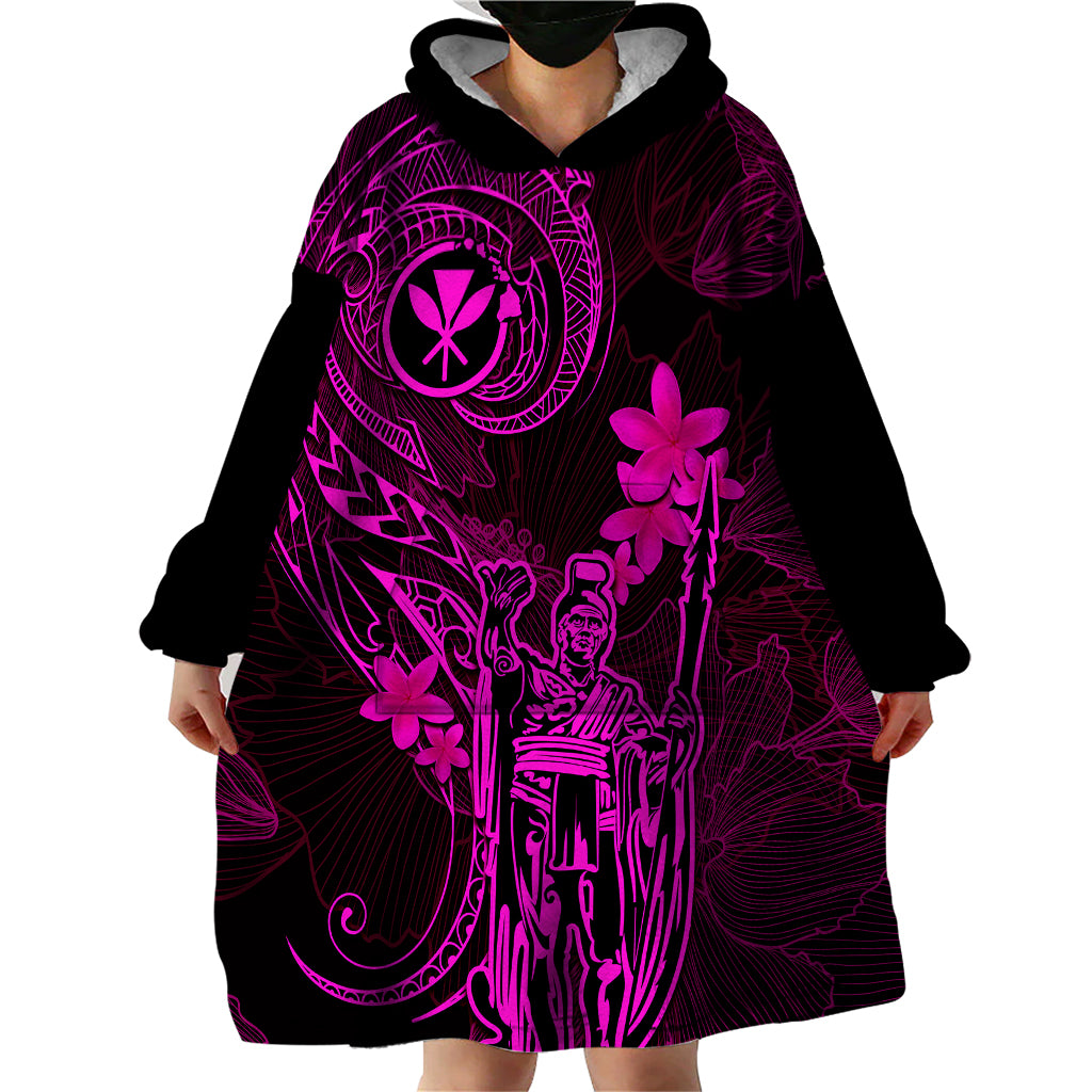 Hawaii Wearable Blanket Hoodie King Kamehameha Mix Polynesian Plumeria Pink Version - Wonder Print Shop