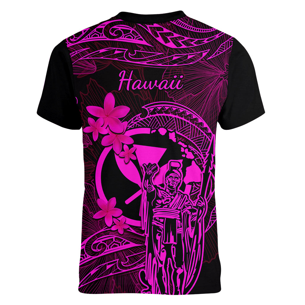 Hawaii Women V Neck T Shirt King Kamehameha Mix Polynesian Plumeria Pink Version - Wonder Print Shop