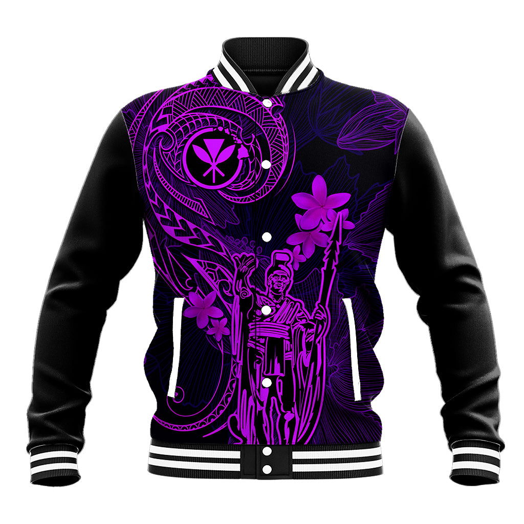 Hawaii Baseball Jacket King Kamehameha Mix Polynesian Plumeria Purple Version - Wonder Print Shop