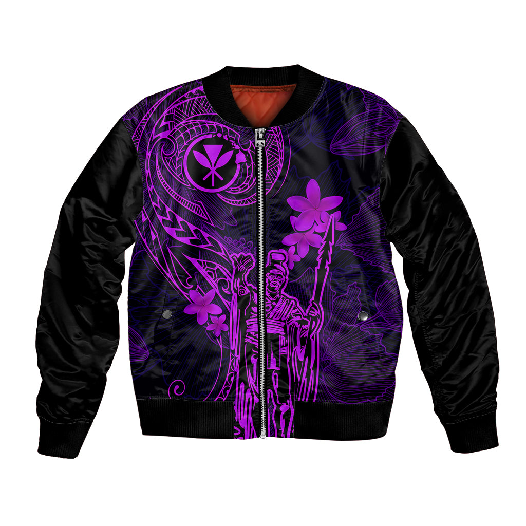 Hawaii Bomber Jacket King Kamehameha Mix Polynesian Plumeria Purple Version - Wonder Print Shop