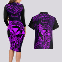 Hawaii Couples Matching Long Sleeve Bodycon Dress and Hawaiian Shirt King Kamehameha Mix Polynesian Plumeria Purple Version - Wonder Print Shop