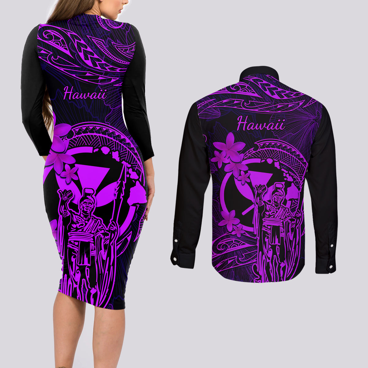 Hawaii Couples Matching Long Sleeve Bodycon Dress and Long Sleeve Button Shirts King Kamehameha Mix Polynesian Plumeria Purple Version - Wonder Print Shop