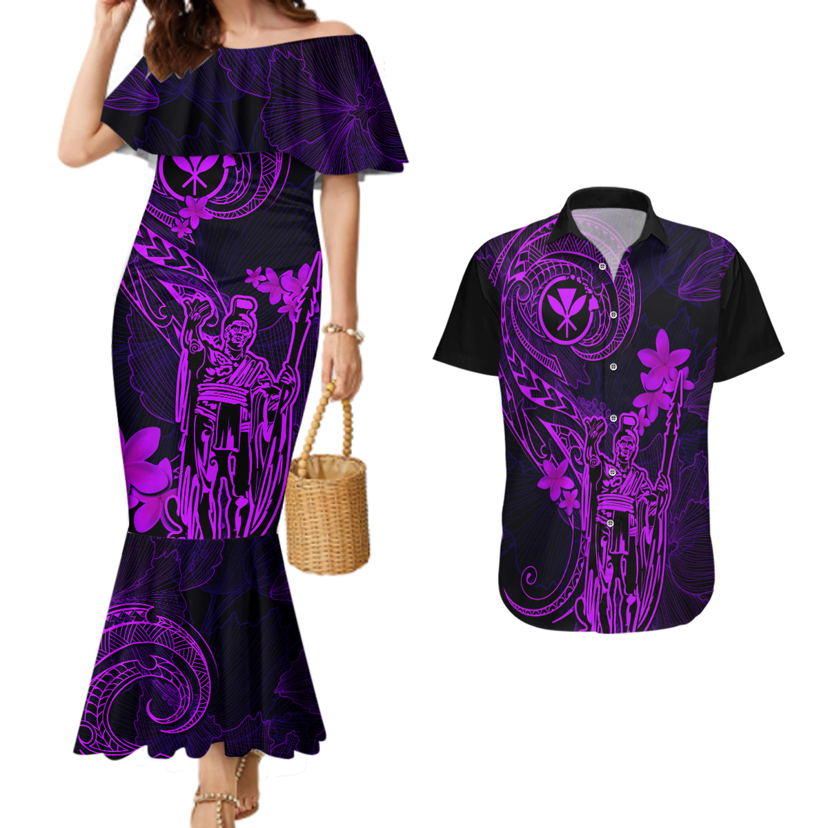 Hawaii Couples Matching Mermaid Dress and Hawaiian Shirt King Kamehameha Mix Polynesian Plumeria Purple Version - Wonder Print Shop
