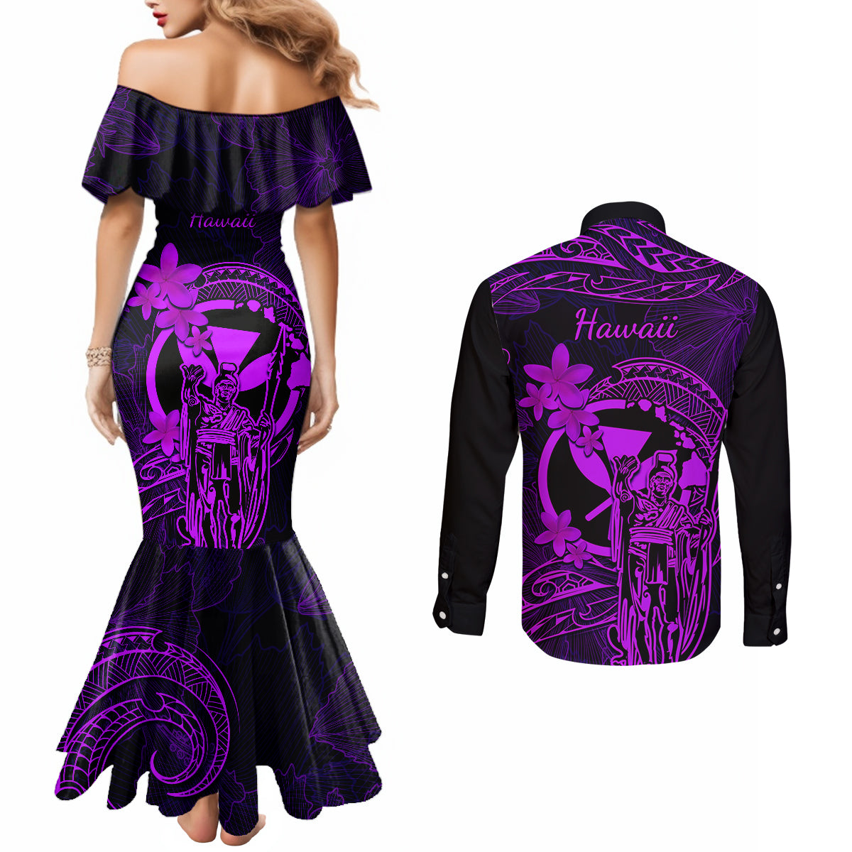 hawaii-couples-matching-mermaid-dress-and-long-sleeve-button-shirts-king-kamehameha-mix-polynesian-plumeria-purple-version