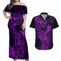 Hawaii Couples Matching Off Shoulder Maxi Dress and Hawaiian Shirt King Kamehameha Mix Polynesian Plumeria Purple Version - Wonder Print Shop