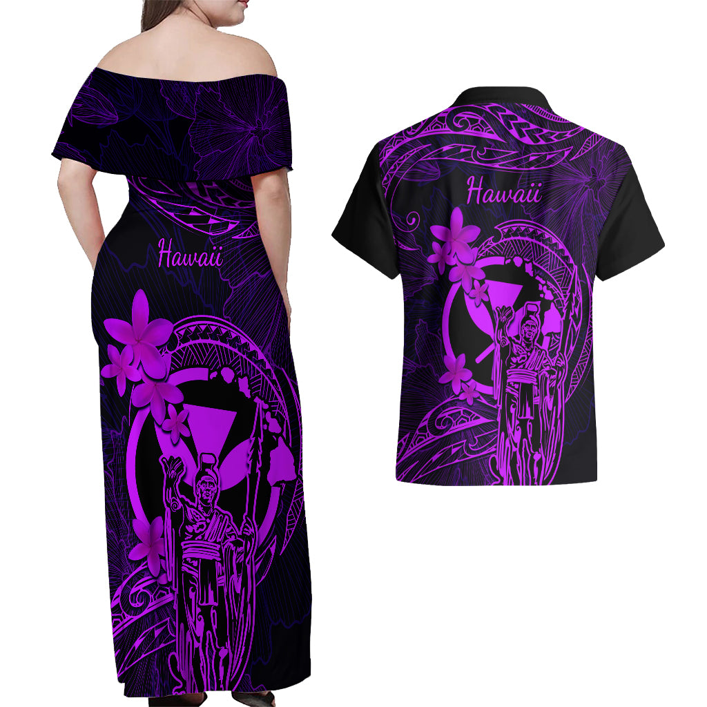 Hawaii Couples Matching Off Shoulder Maxi Dress and Hawaiian Shirt King Kamehameha Mix Polynesian Plumeria Purple Version - Wonder Print Shop