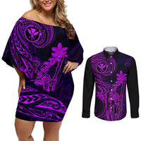 Hawaii Couples Matching Off Shoulder Short Dress and Long Sleeve Button Shirts King Kamehameha Mix Polynesian Plumeria Purple Version - Wonder Print Shop