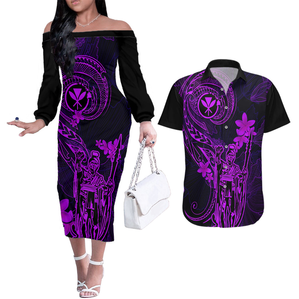 Hawaii Couples Matching Off The Shoulder Long Sleeve Dress and Hawaiian Shirt King Kamehameha Mix Polynesian Plumeria Purple Version - Wonder Print Shop