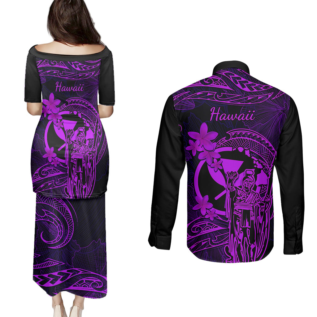 Hawaii Couples Matching Puletasi Dress and Long Sleeve Button Shirts King Kamehameha Mix Polynesian Plumeria Purple Version - Wonder Print Shop