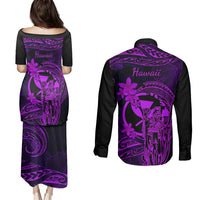 Hawaii Couples Matching Puletasi Dress and Long Sleeve Button Shirts King Kamehameha Mix Polynesian Plumeria Purple Version - Wonder Print Shop