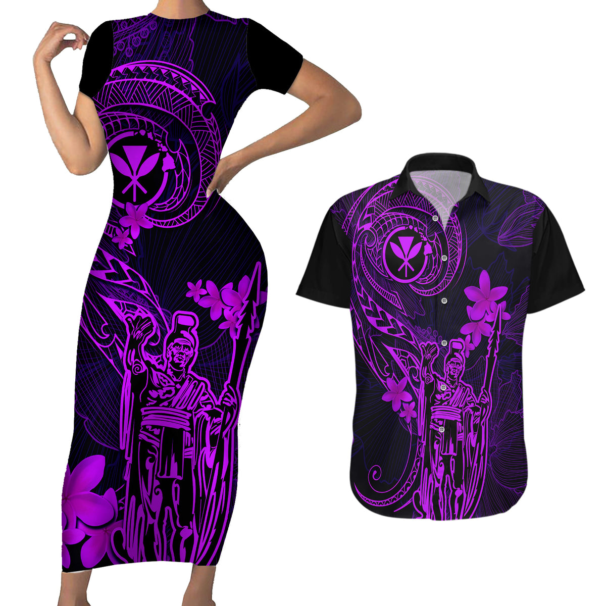 Hawaii Couples Matching Short Sleeve Bodycon Dress and Hawaiian Shirt King Kamehameha Mix Polynesian Plumeria Purple Version - Wonder Print Shop