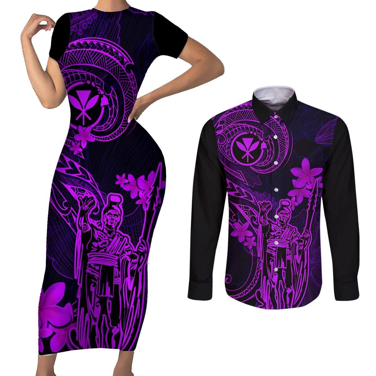 Hawaii Couples Matching Short Sleeve Bodycon Dress and Long Sleeve Button Shirts King Kamehameha Mix Polynesian Plumeria Purple Version - Wonder Print Shop