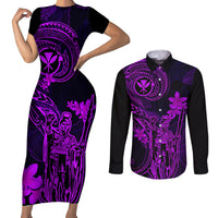 Hawaii Couples Matching Short Sleeve Bodycon Dress and Long Sleeve Button Shirts King Kamehameha Mix Polynesian Plumeria Purple Version - Wonder Print Shop