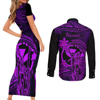 Hawaii Couples Matching Short Sleeve Bodycon Dress and Long Sleeve Button Shirts King Kamehameha Mix Polynesian Plumeria Purple Version - Wonder Print Shop