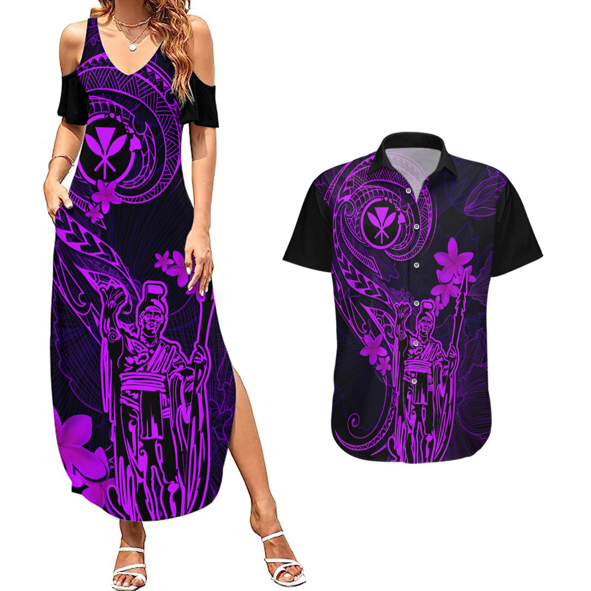 Hawaii Couples Matching Summer Maxi Dress and Hawaiian Shirt King Kamehameha Mix Polynesian Plumeria Purple Version - Wonder Print Shop