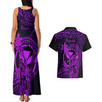 Hawaii Couples Matching Tank Maxi Dress and Hawaiian Shirt King Kamehameha Mix Polynesian Plumeria Purple Version - Wonder Print Shop