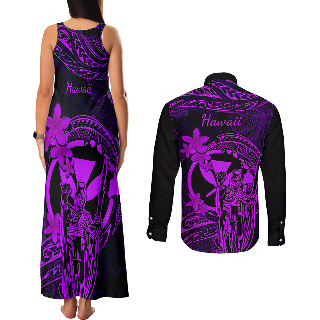 Hawaii Couples Matching Tank Maxi Dress and Long Sleeve Button Shirts King Kamehameha Mix Polynesian Plumeria Purple Version - Wonder Print Shop