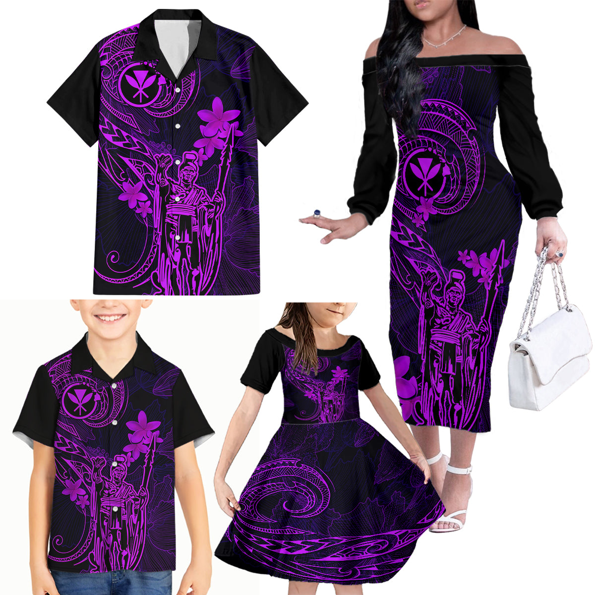 Hawaii Family Matching Off Shoulder Long Sleeve Dress and Hawaiian Shirt King Kamehameha Mix Polynesian Plumeria Purple Version - Wonder Print Shop