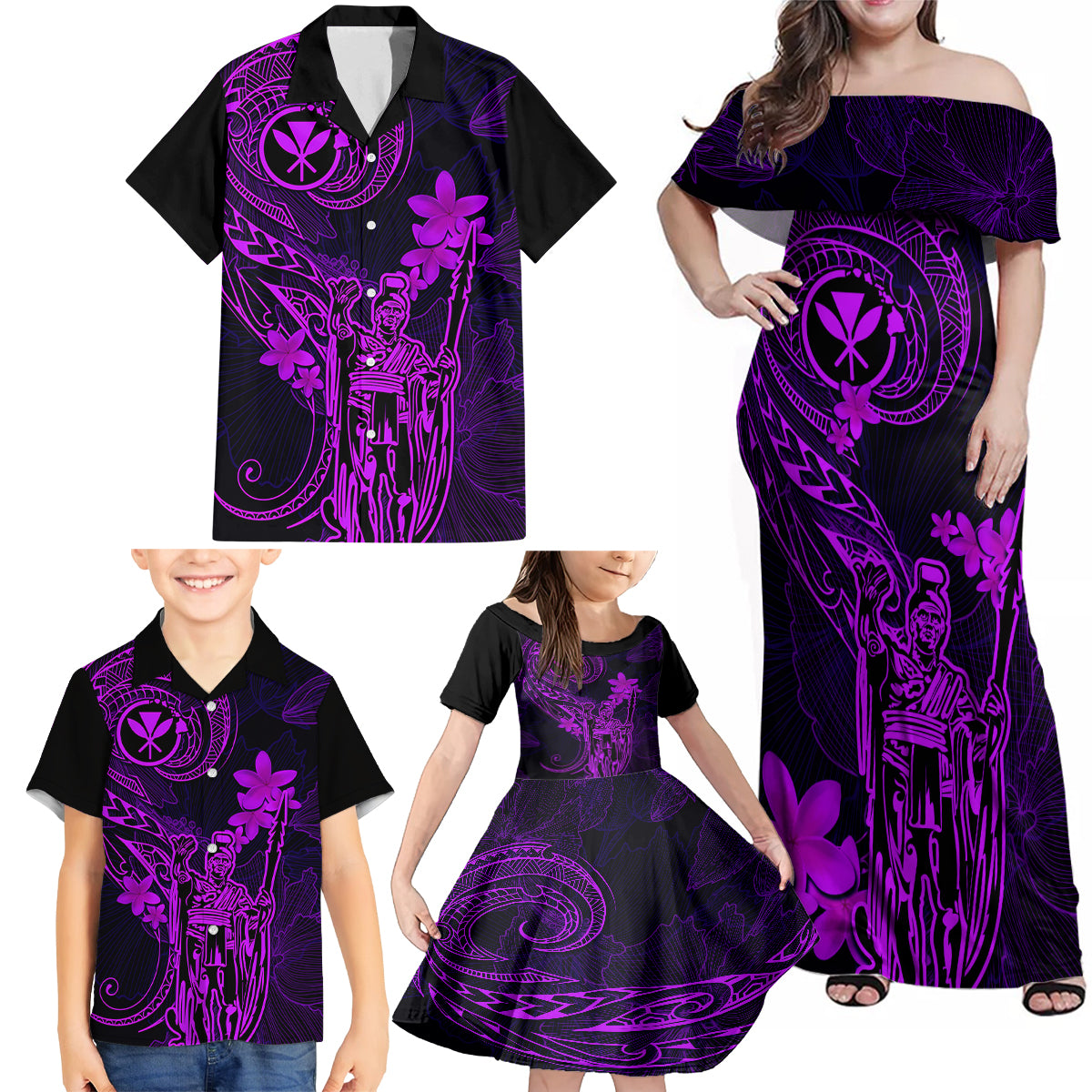 Hawaii Family Matching Off Shoulder Maxi Dress and Hawaiian Shirt King Kamehameha Mix Polynesian Plumeria Purple Version - Wonder Print Shop