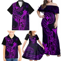 Hawaii Family Matching Off Shoulder Maxi Dress and Hawaiian Shirt King Kamehameha Mix Polynesian Plumeria Purple Version - Wonder Print Shop