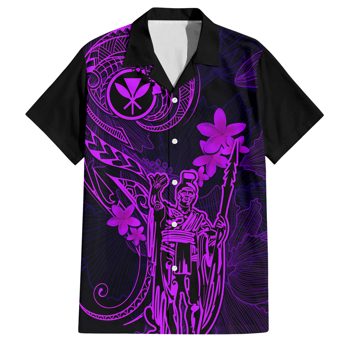 Hawaii Family Matching Off Shoulder Short Dress and Hawaiian Shirt King Kamehameha Mix Polynesian Plumeria Purple Version - Wonder Print Shop