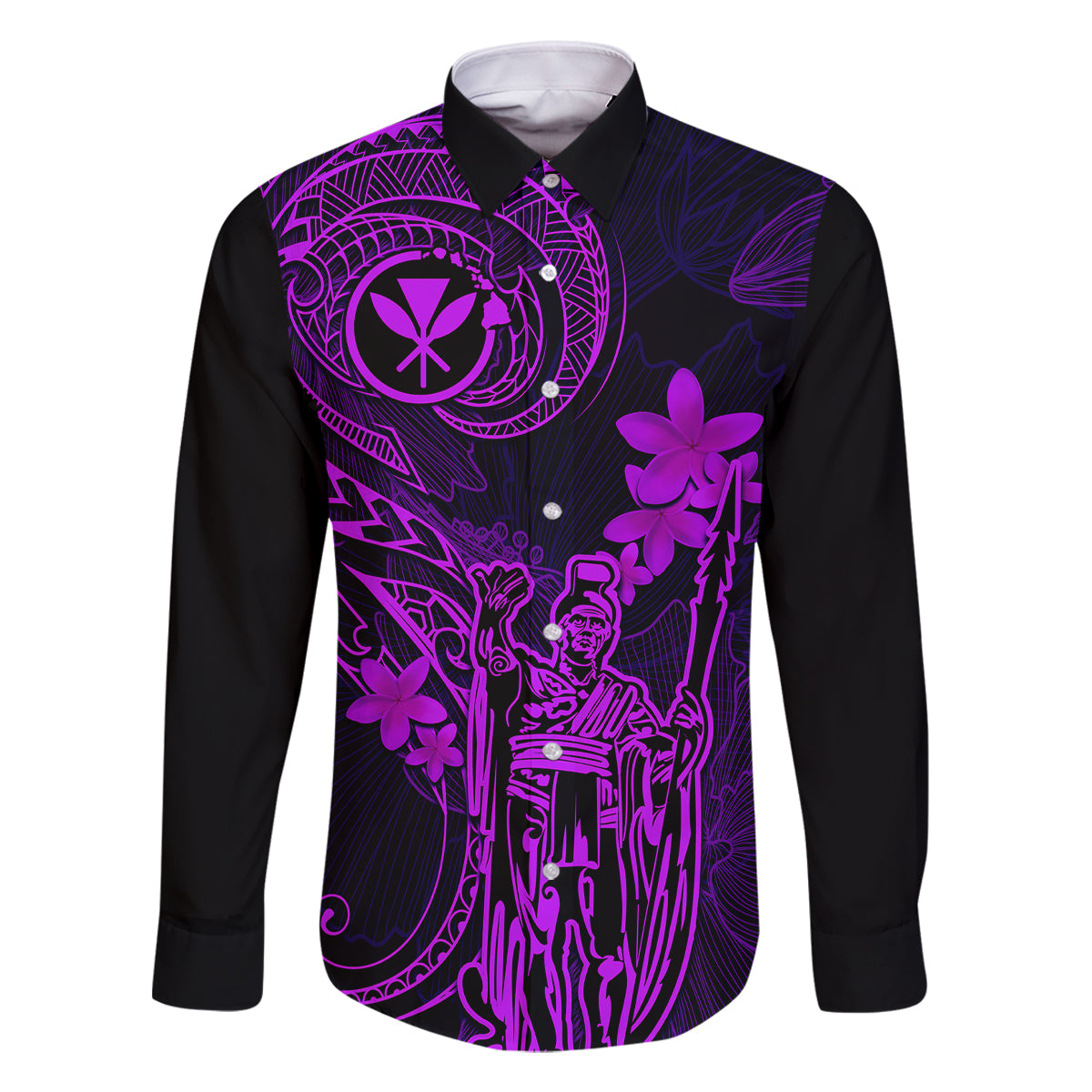 Hawaii Family Matching Off Shoulder Short Dress and Hawaiian Shirt King Kamehameha Mix Polynesian Plumeria Purple Version - Wonder Print Shop