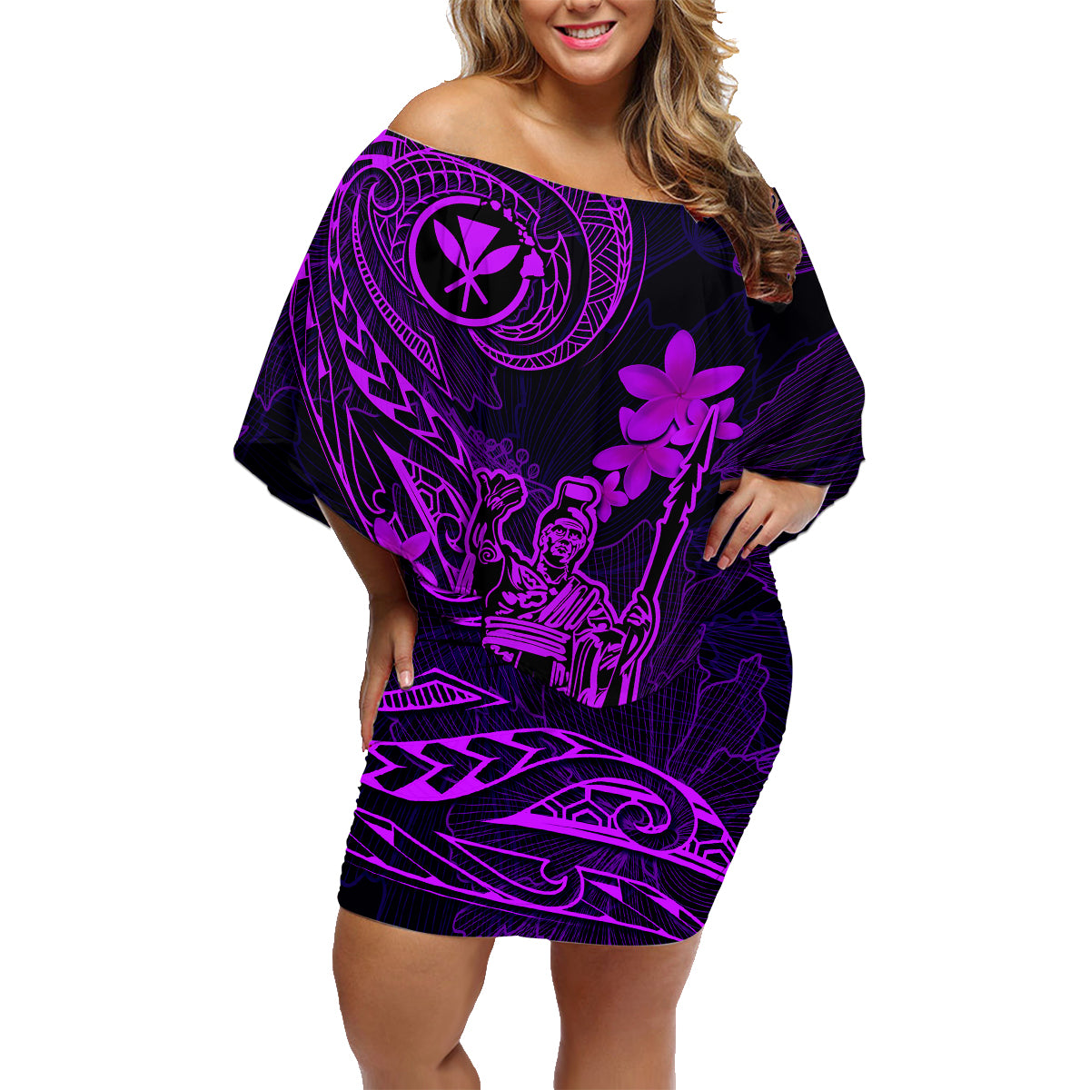 Hawaii Family Matching Off Shoulder Short Dress and Hawaiian Shirt King Kamehameha Mix Polynesian Plumeria Purple Version - Wonder Print Shop
