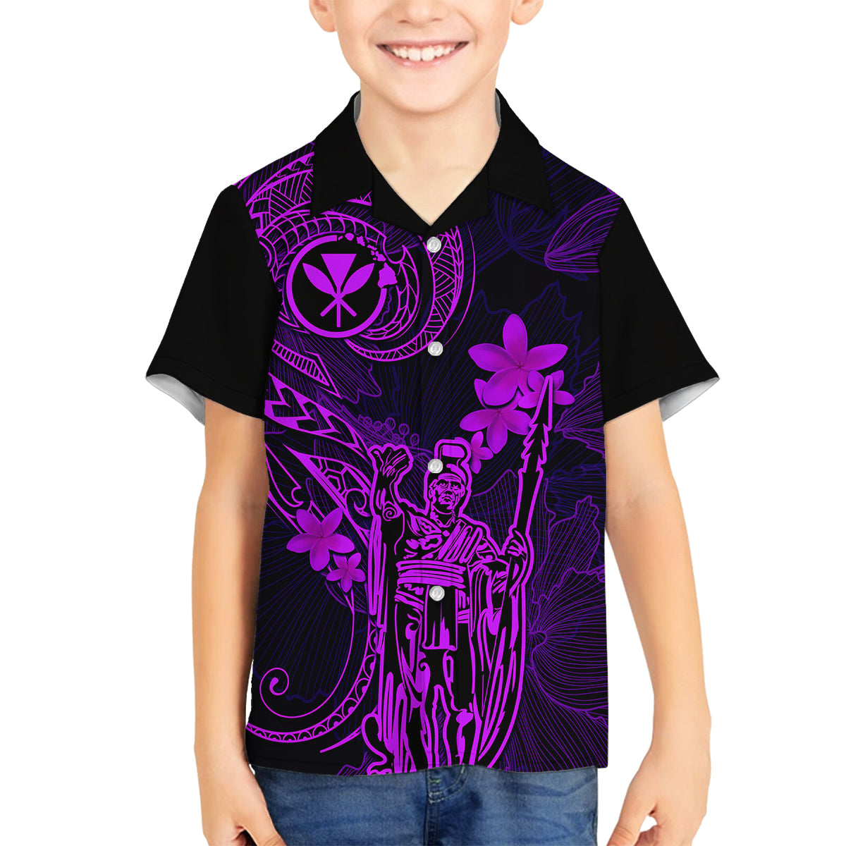 Hawaii Family Matching Off Shoulder Short Dress and Hawaiian Shirt King Kamehameha Mix Polynesian Plumeria Purple Version - Wonder Print Shop