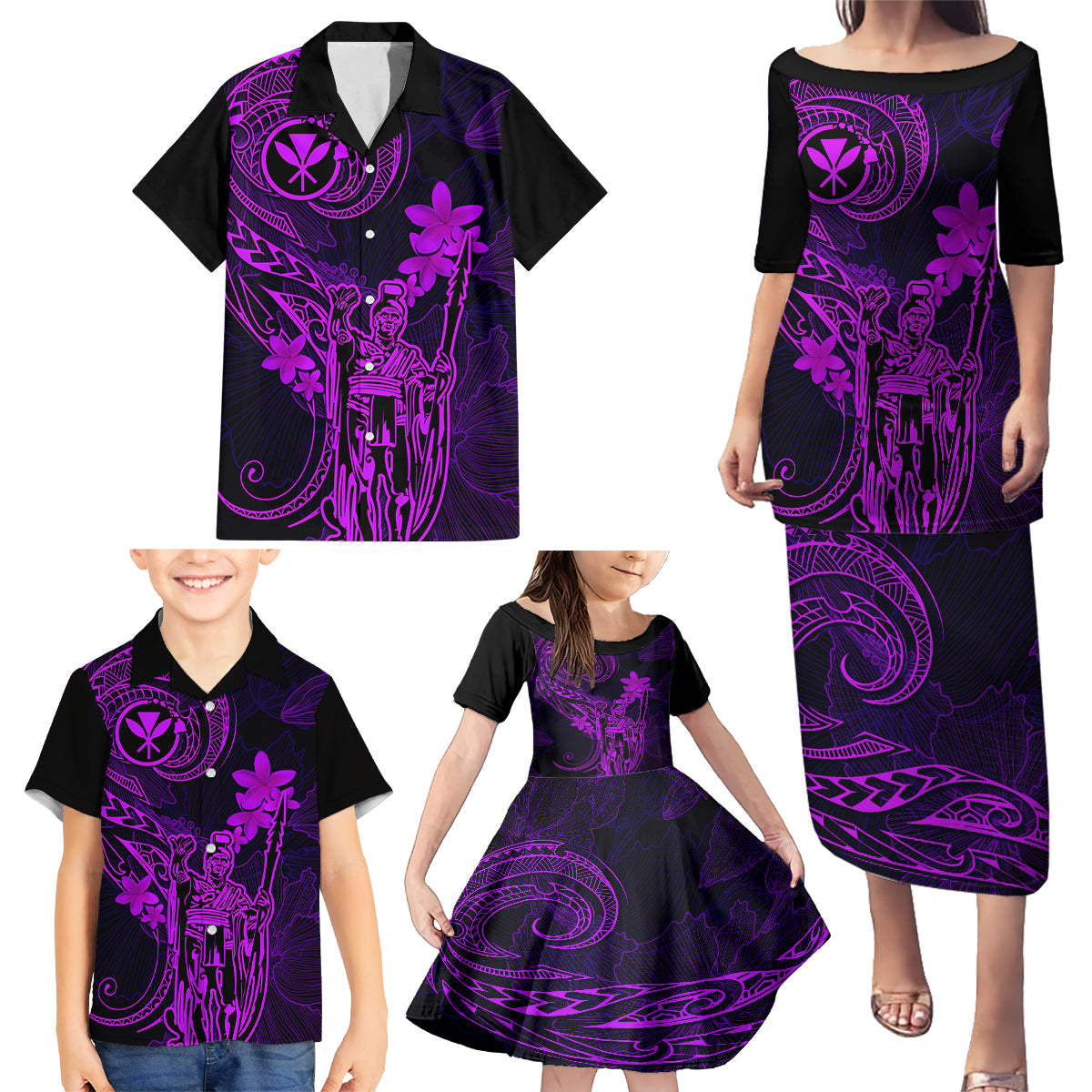 Hawaii Family Matching Puletasi Dress and Hawaiian Shirt King Kamehameha Mix Polynesian Plumeria Purple Version - Wonder Print Shop