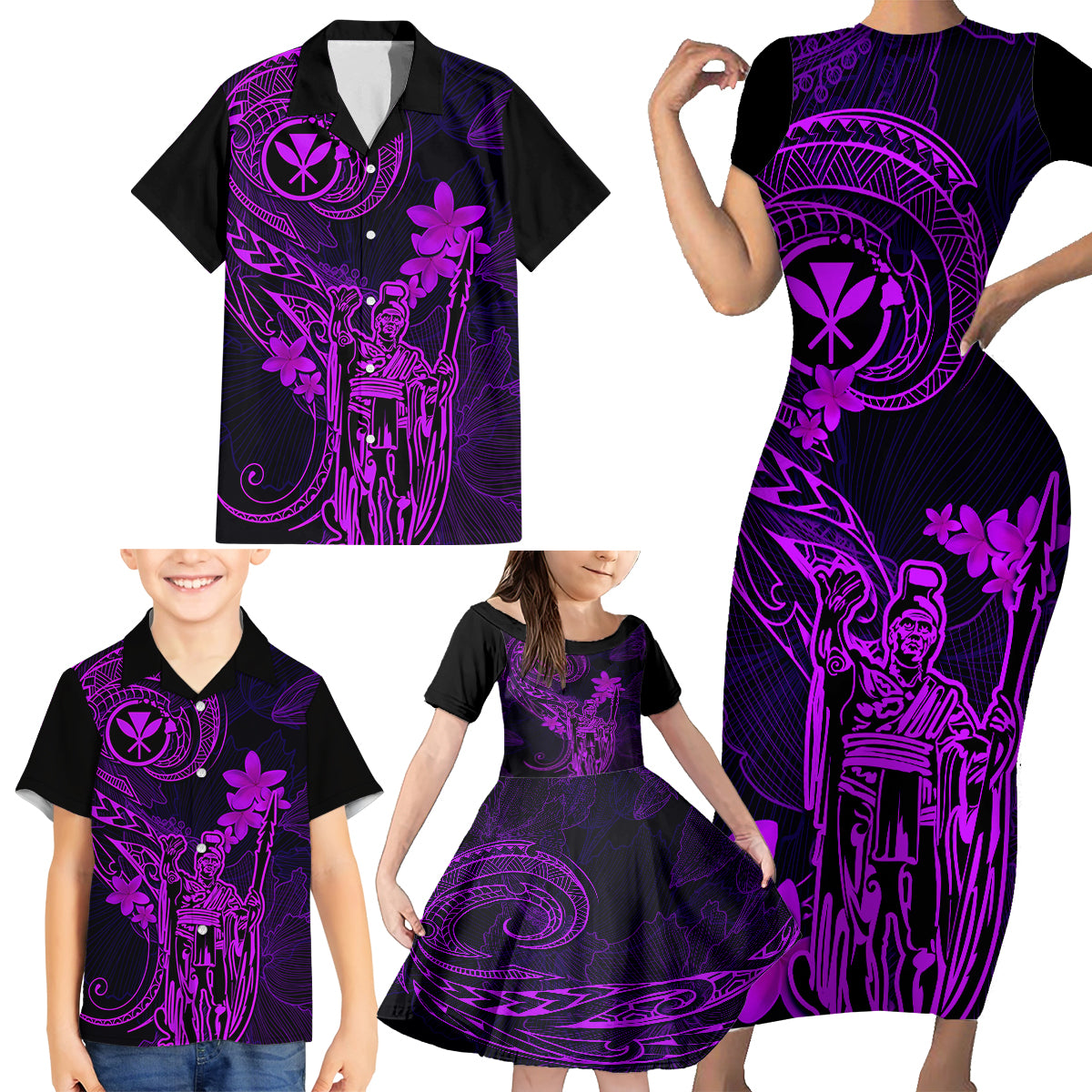 Hawaii Family Matching Short Sleeve Bodycon Dress and Hawaiian Shirt King Kamehameha Mix Polynesian Plumeria Purple Version - Wonder Print Shop