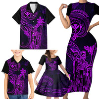 Hawaii Family Matching Short Sleeve Bodycon Dress and Hawaiian Shirt King Kamehameha Mix Polynesian Plumeria Purple Version - Wonder Print Shop