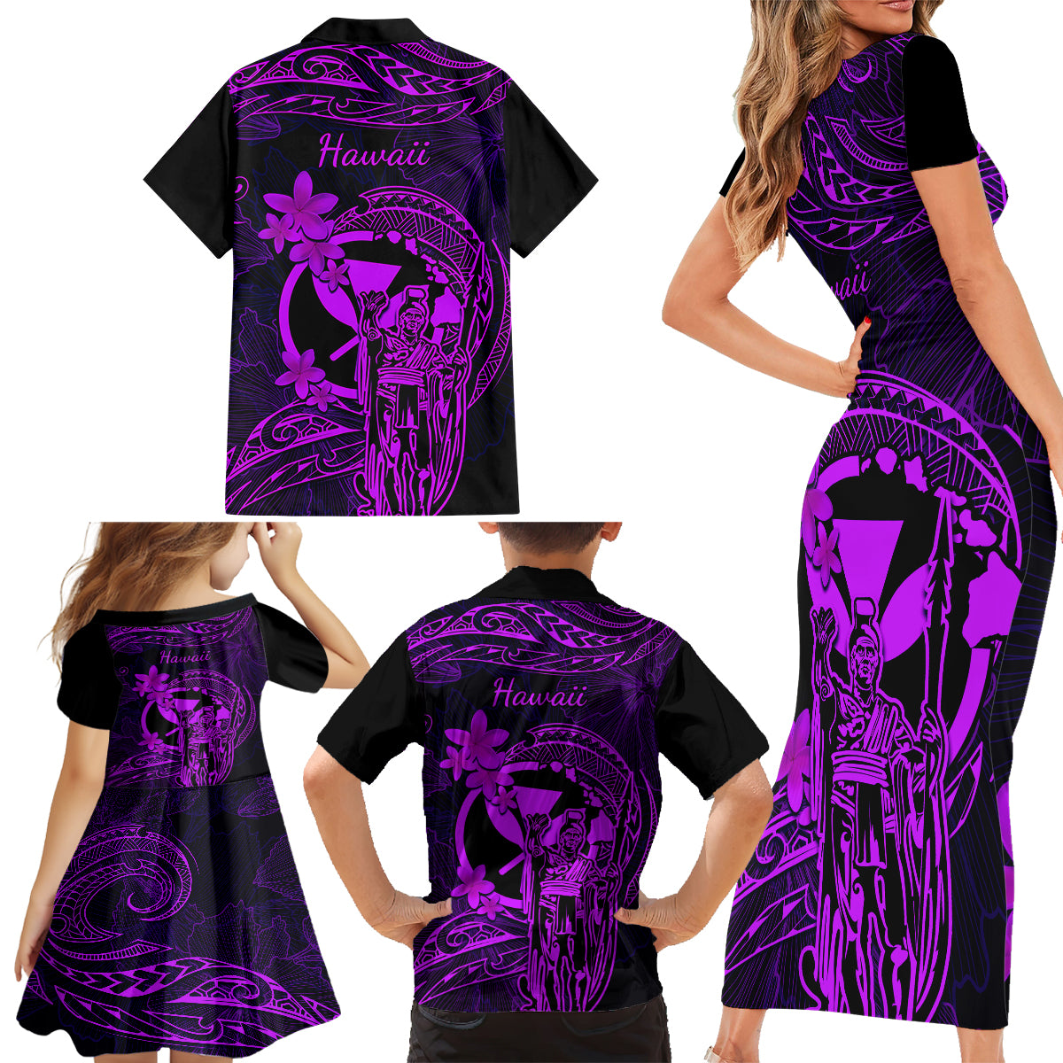 Hawaii Family Matching Short Sleeve Bodycon Dress and Hawaiian Shirt King Kamehameha Mix Polynesian Plumeria Purple Version - Wonder Print Shop