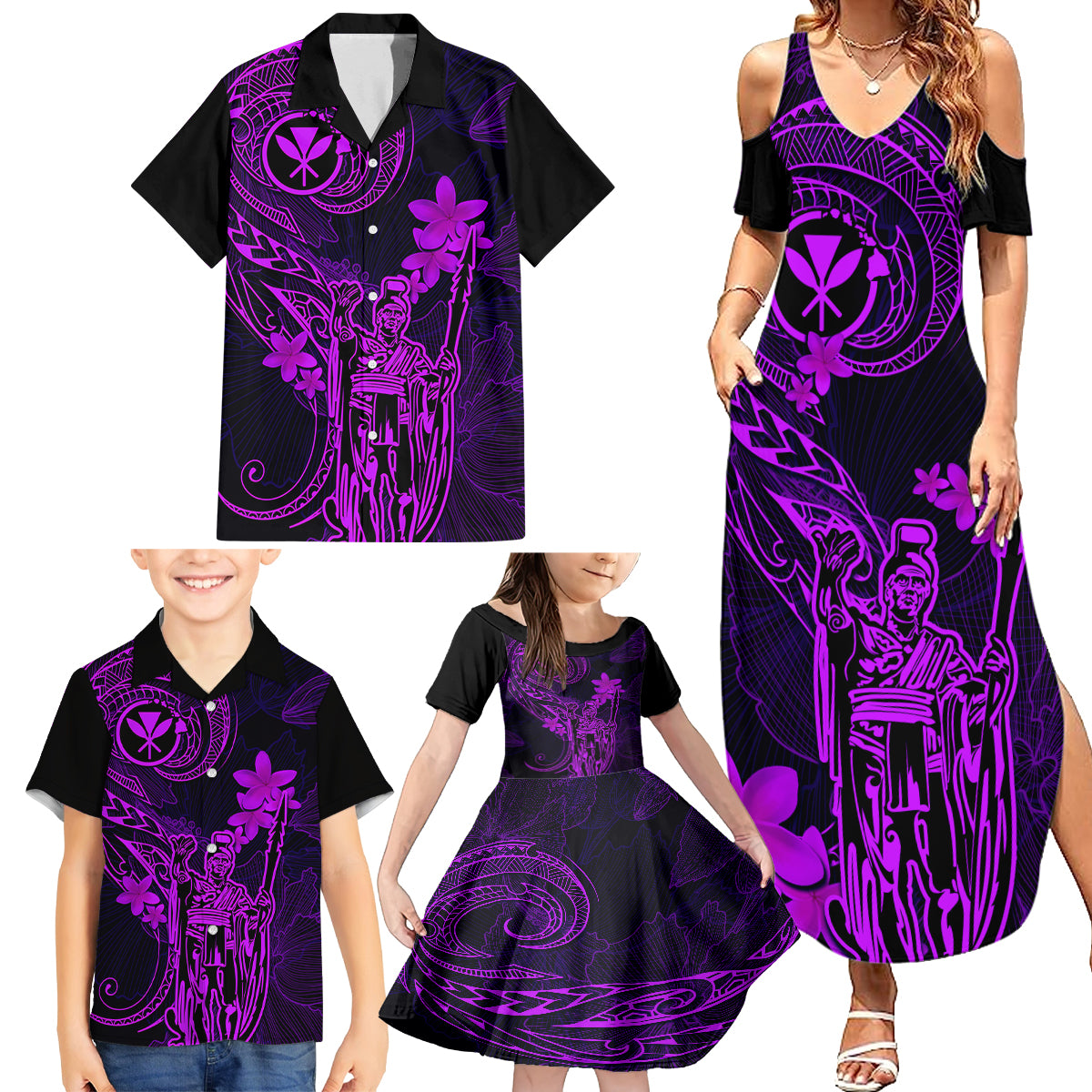 Hawaii Family Matching Summer Maxi Dress and Hawaiian Shirt King Kamehameha Mix Polynesian Plumeria Purple Version - Wonder Print Shop