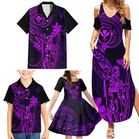 Hawaii Family Matching Summer Maxi Dress and Hawaiian Shirt King Kamehameha Mix Polynesian Plumeria Purple Version - Wonder Print Shop