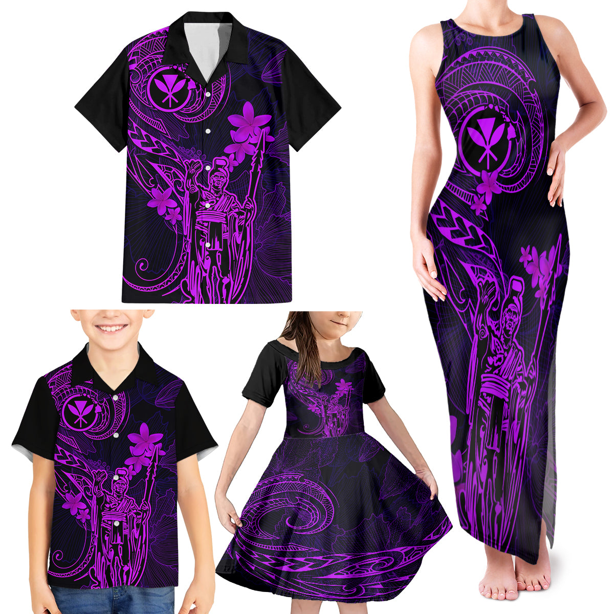 Hawaii Family Matching Tank Maxi Dress and Hawaiian Shirt King Kamehameha Mix Polynesian Plumeria Purple Version - Wonder Print Shop