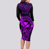 Hawaii Long Sleeve Bodycon Dress King Kamehameha Mix Polynesian Plumeria Purple Version - Wonder Print Shop