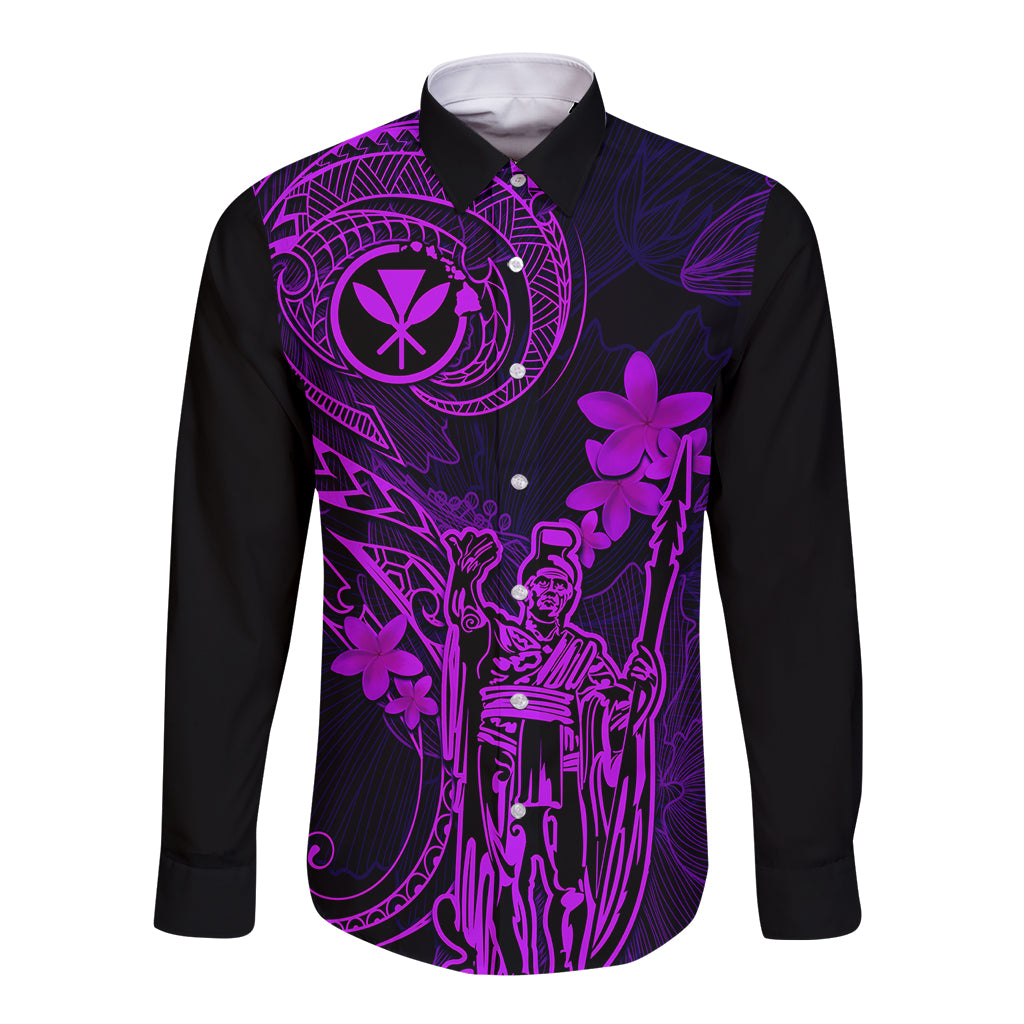 Hawaii Long Sleeve Button Shirt King Kamehameha Mix Polynesian Plumeria Purple Version - Wonder Print Shop