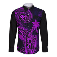 Hawaii Long Sleeve Button Shirt King Kamehameha Mix Polynesian Plumeria Purple Version - Wonder Print Shop