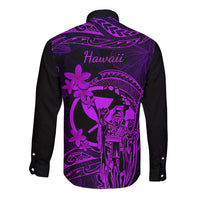 Hawaii Long Sleeve Button Shirt King Kamehameha Mix Polynesian Plumeria Purple Version - Wonder Print Shop