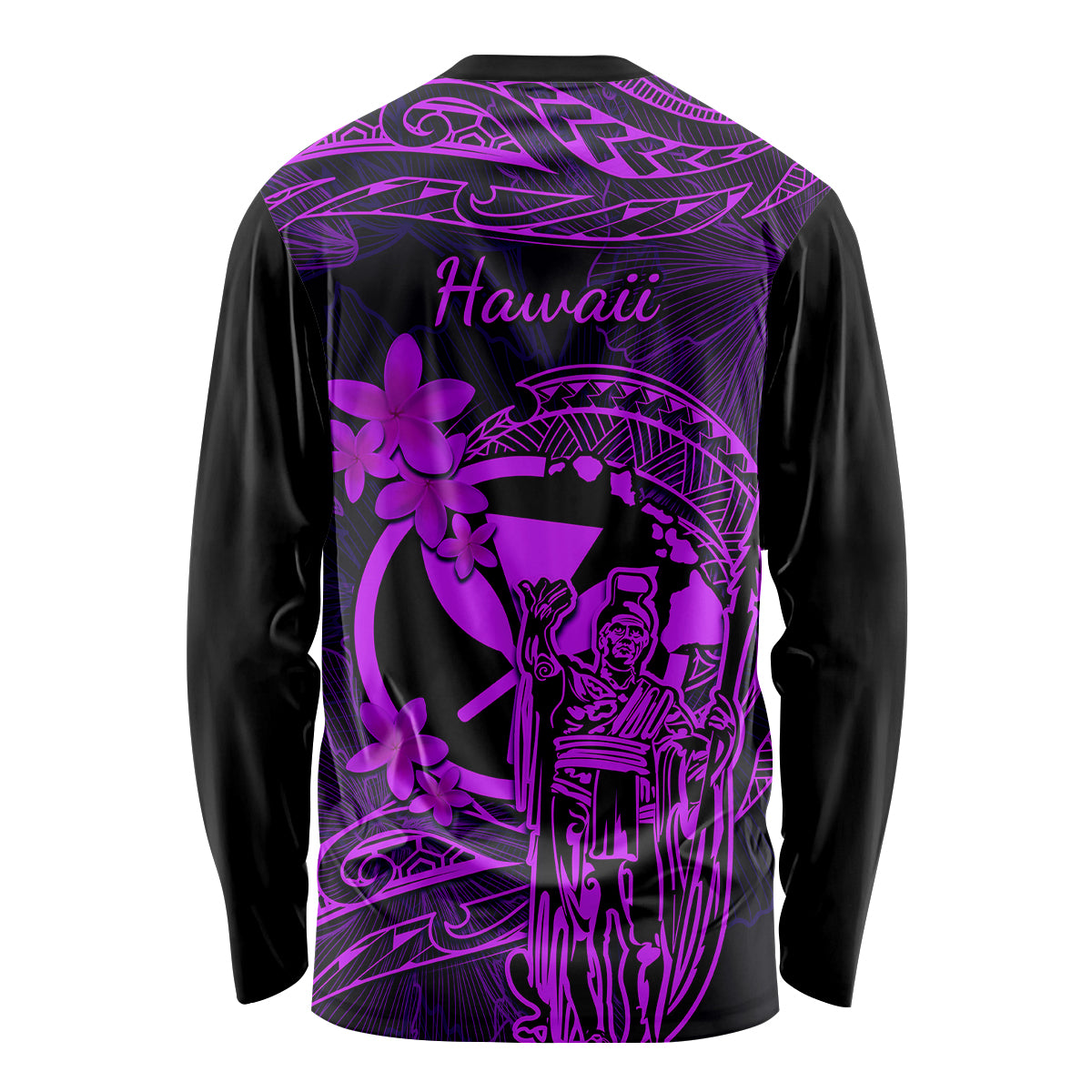 Hawaii Long Sleeve Shirt King Kamehameha Mix Polynesian Plumeria Purple Version - Wonder Print Shop