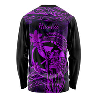 Hawaii Long Sleeve Shirt King Kamehameha Mix Polynesian Plumeria Purple Version - Wonder Print Shop